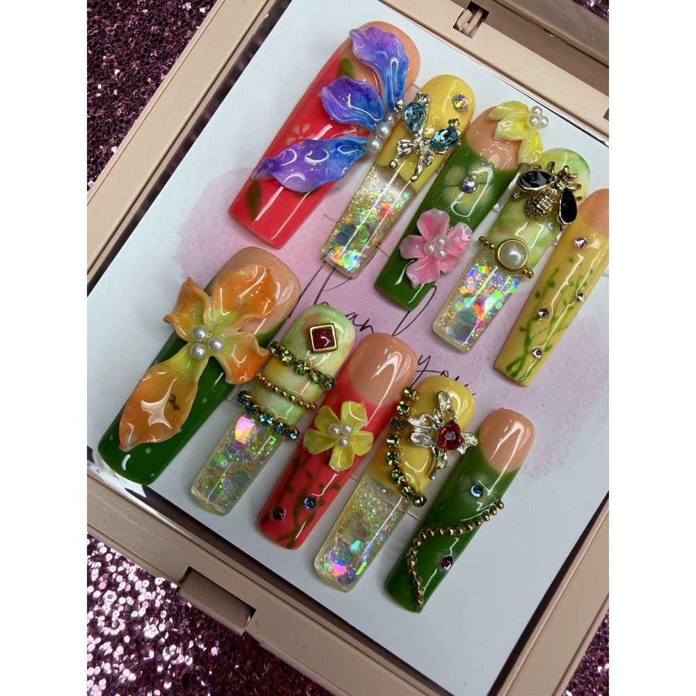 Press-On Nails Coffin Long Butterfly 3D Acrylic Full Cover Pre-Designed